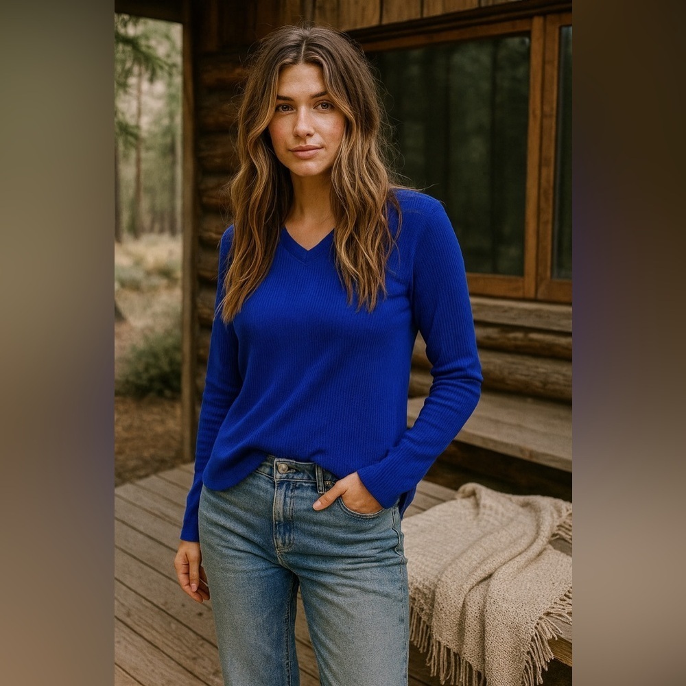 Karen Scott Royal Blue Waffle Knit Long Sleeve Thermal Top
